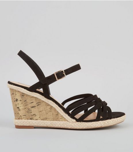 Wide Fit Black Strappy Cork Wedge Heeled Sandals | New Look