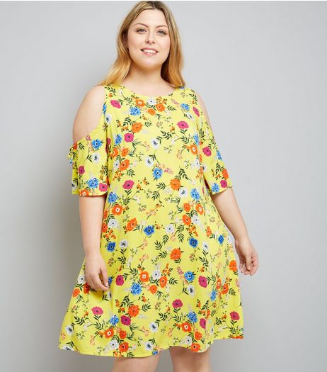 Curves Yellow Floral Print Cold Shoulder Tunic Dress | New Look