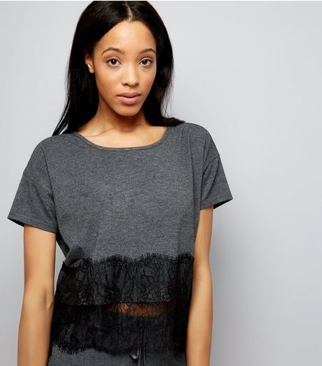 Grey Lace Hem Pyjama T-Shirt | New Look