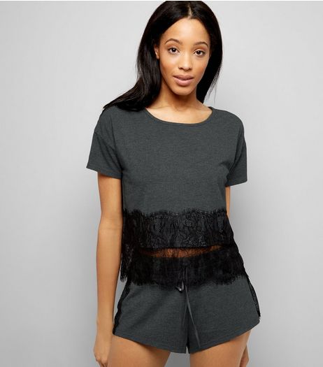 Grey Lace Trim Jersey Pyjama Shorts | New Look