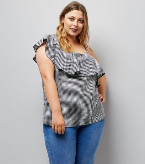 Curves Black Gingham Asymmetric Frill Trim Top | New Look