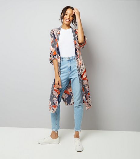 Blue Patchwork Floral Longline Kimono | New Look