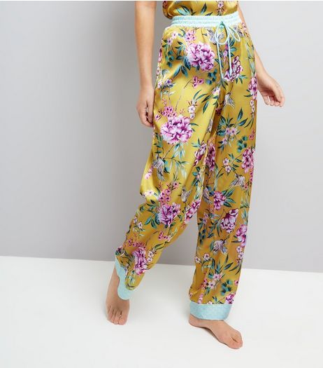 Yellow Floral Print Satin Pyjama Bottoms | New Look