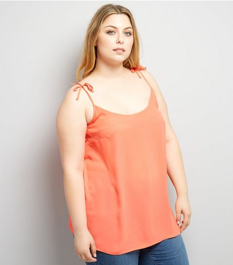 Curves Coral Tie Strap Cami | New Look
