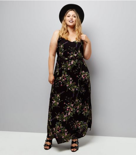 Curves Black Floral Print Cross Back Maxi Dress | New Look