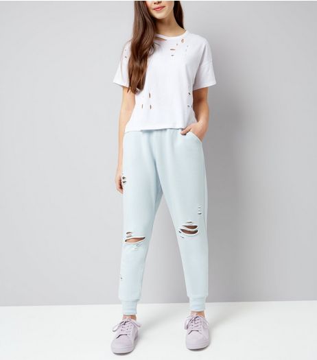 Teens Pale Blue Ripped High Waist Joggers | New Look