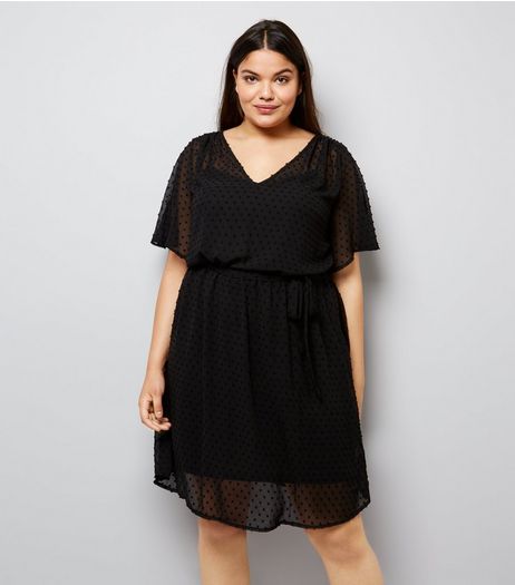 Curves Black Spot Chiffon V Neck Dress | New Look