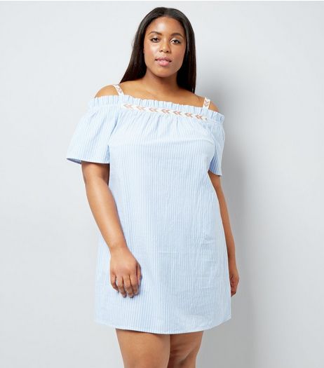 Curves Blue Stripe Bardot Neck Dress | New Look