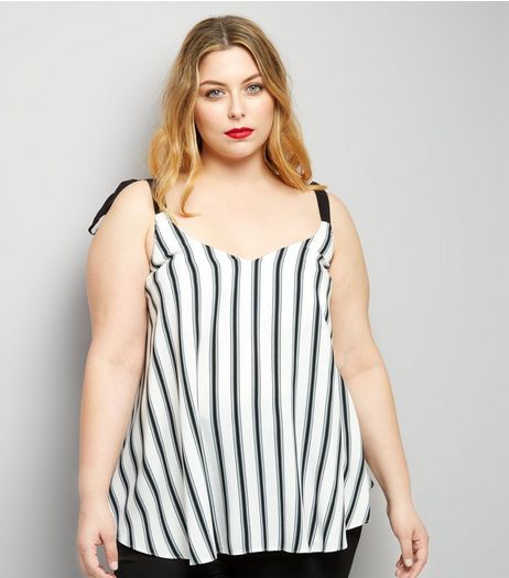 Curves White Stripe Tie Strap Cami Top | New Look