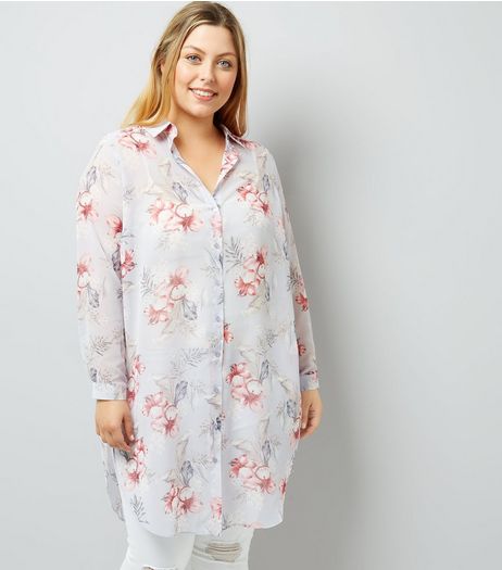 Curves Purple Floral Print Chiffon Longline Shirt | New Look