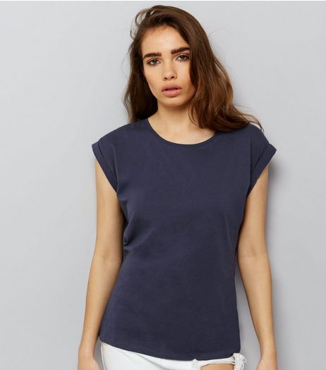 Navy Rolled Sleeve T-Shirt | New Look