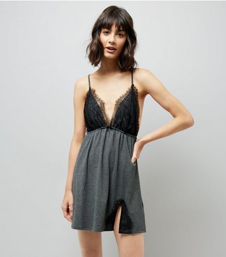 Grey Lace Trim Jersey Chemise | New Look