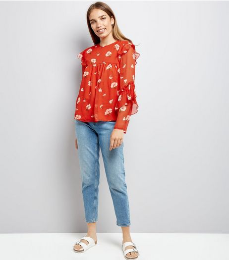Red Floral Print Frill Sleeve Chiffon Top | New Look
