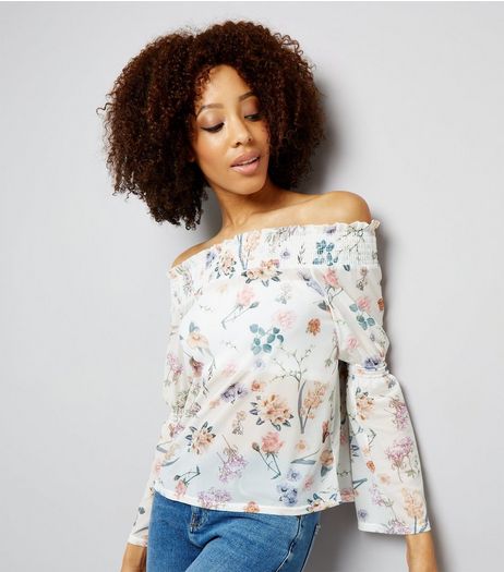 White Floral Print Mesh Shirred Bardot Neck Top | New Look