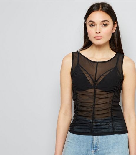 Black Ruched Mesh Vest | New Look