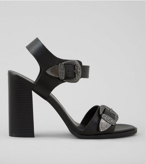 Black Western Buckle Strap Heeled Sandals | New Look
