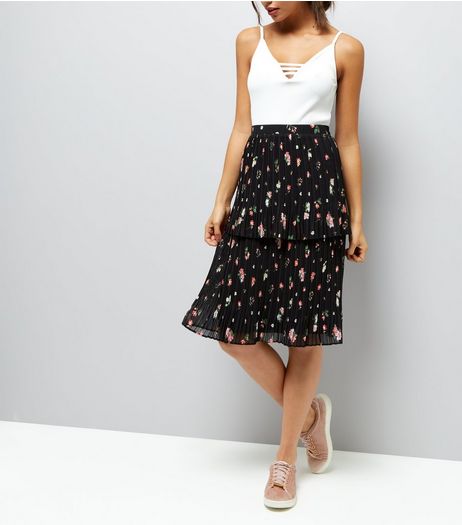 Black Floral Print Pleated Double Tier Midi Skirt | New Look