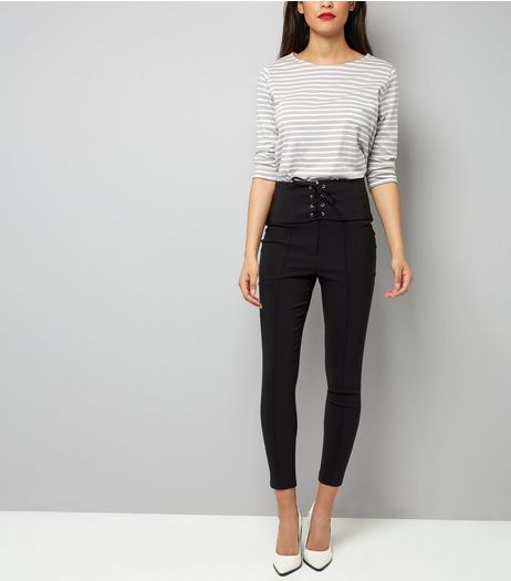 Black Lace Up Corset Slim Leg Trousers | New Look