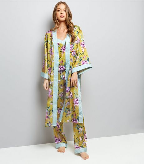 Yellow Sateen Floral Print Kimono Robe | New Look