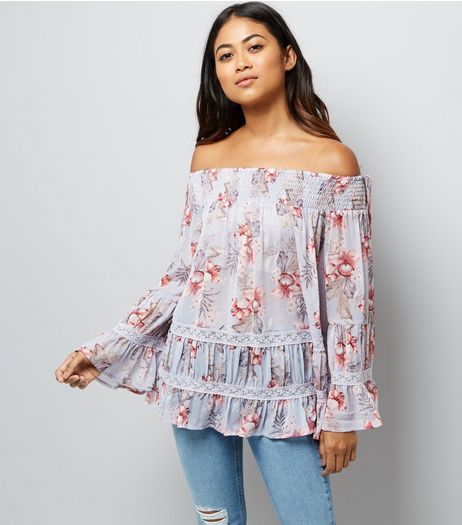 Petite Purple Floral Print Lace Trim Bardot Neck Top | New Look