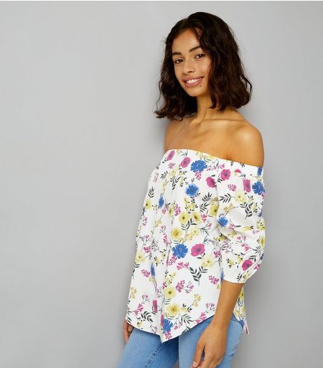 Petite White Floral Print Bardot Neck Top | New Look
