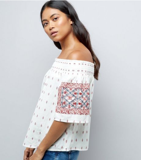 Petite White Embroidered Bardot Neck Top | New Look