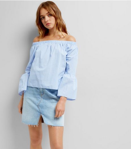 Blue Stripe Flared Sleeve Bardot Neck Top | New Look