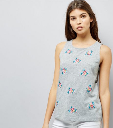 Grey Floral Embroidered Sleeveless Top | New Look