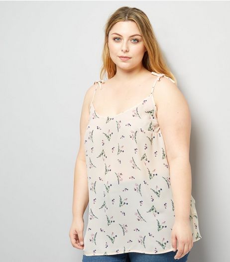 Curves Cream Floral Print Tie Strap Cami | New Look