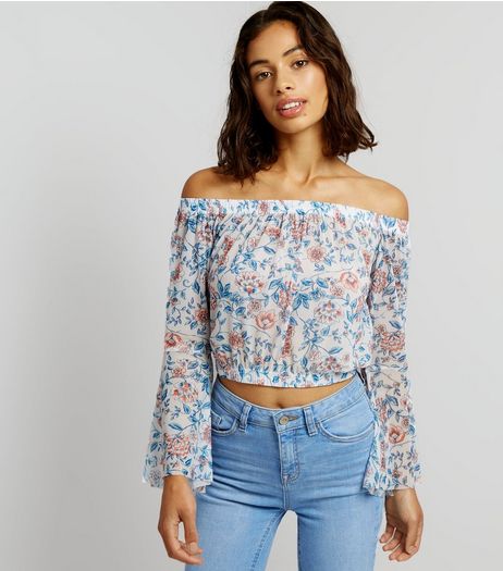 Petite Purple Floral Mesh Bell Sleeve Bardot Neck Top | New Look