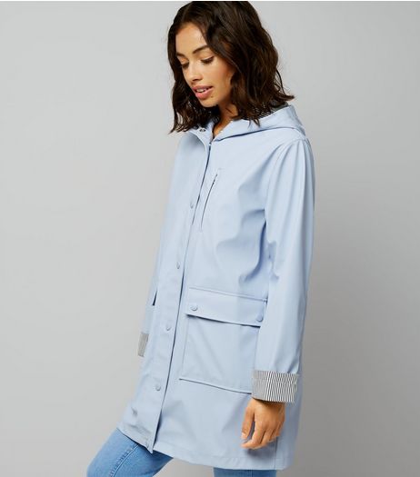 Petite Pale Blue Stripe Cuff Longline Matte Anorak | New Look