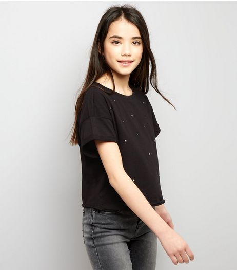 Teens Black Studded Cropped T-Shirt | New Look