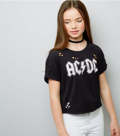 Teens Black ACDC Print Ripped T-Shirt | New Look
