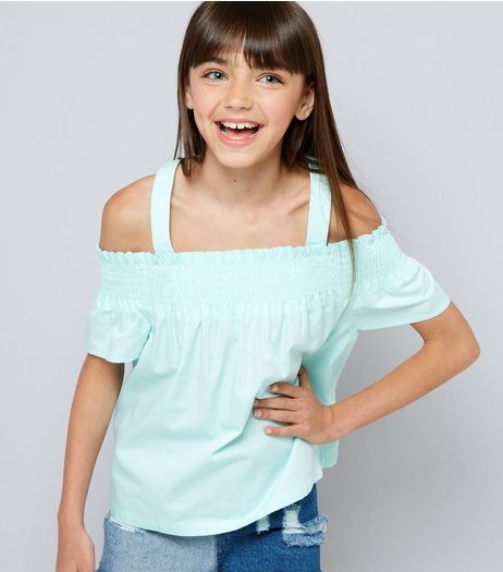 Teens Mint Green Shirred Cold Shoulder Top | New Look