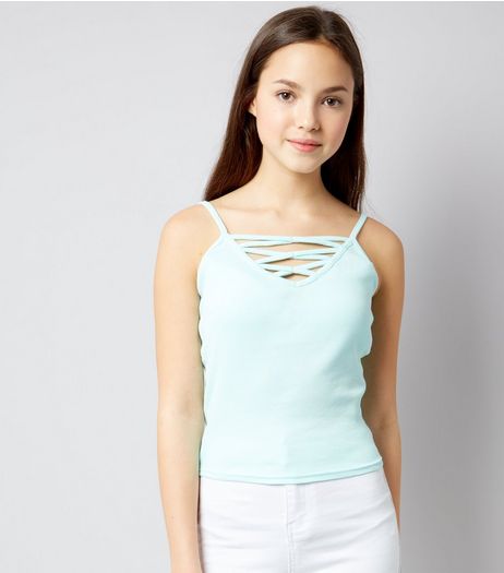 Teens Mint Green Ribbed Lattice Front Cami | New Look