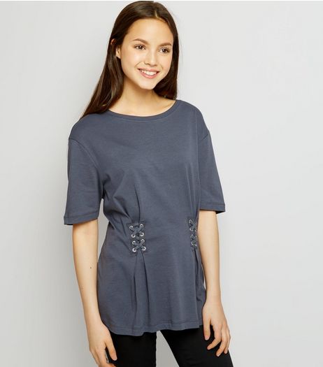 Teens Dark Grey Lace Up T-Shirt | New Look