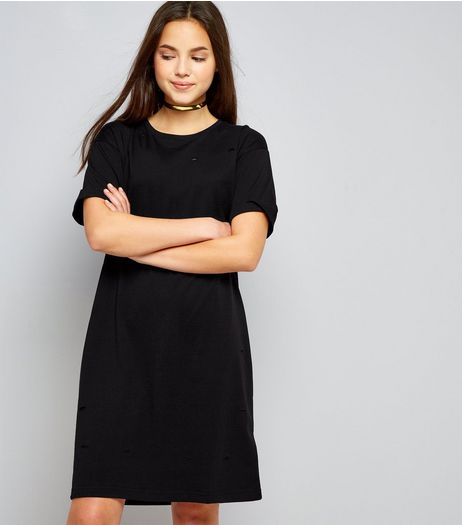 Teens Black Ripped T-Shirt Dress | New Look
