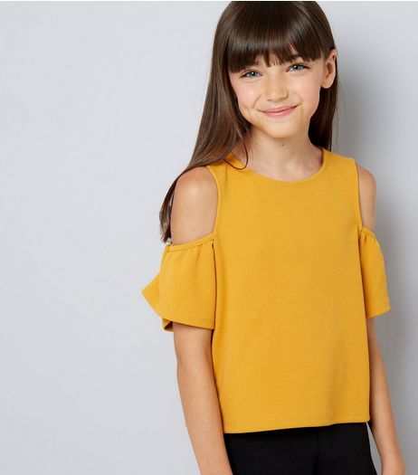 Teens Yellow Crepe Flutter Sleeve Cold Shoulder Top | New Look