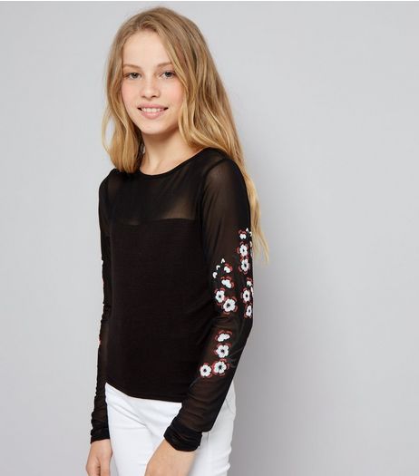 Teens Black Floral Print Mesh Sleeve Top | New Look