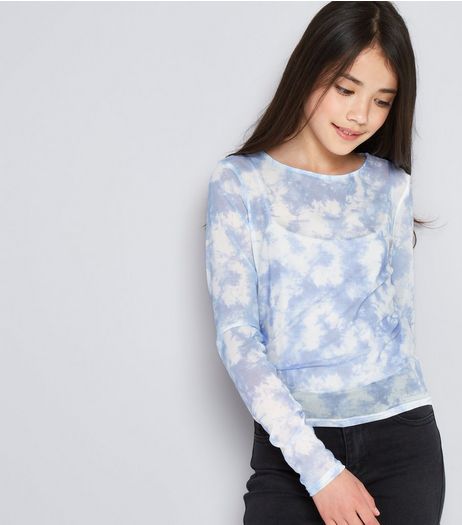 Teens Blue Tie Dye Mesh 2 in 1 Top | New Look
