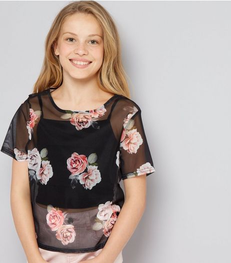 Teens Black Rose Print Mesh T-Shirt | New Look