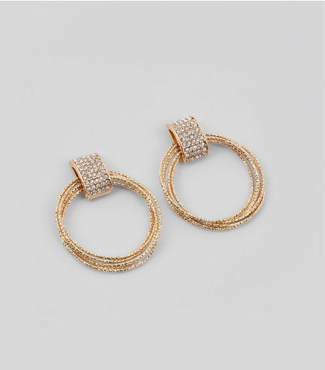 Gold Diamante Door Knocker Hoop Earrings | New Look