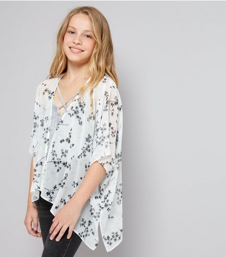 Teens White Floral Print Chiffon Kimono | New Look