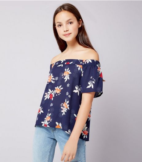 Teens Blue Floral Print Bardot Neck Top | New Look