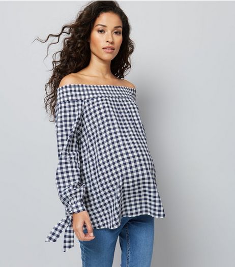 Maternity Navy Gingham Shirred Bardot Neck Top | New Look