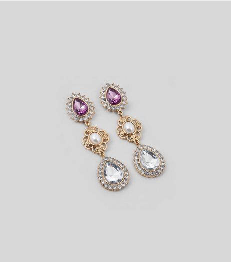 Silver Vintage Gem Stone Drop Earrings | New Look