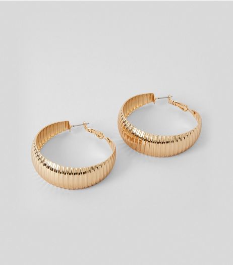Gold Ridged Wide Hoop Earrings | New Look