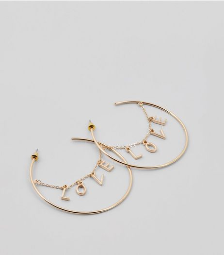 Gold LOVE Chain Charm Hoop Earrings | New Look