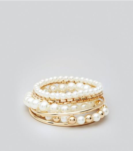 6 Pack Gold and Pearl Bead Stretch Bracelets | New Look