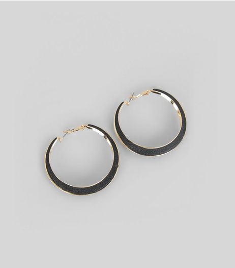 Black Glitter Metal Trim Hoop Earrings | New Look